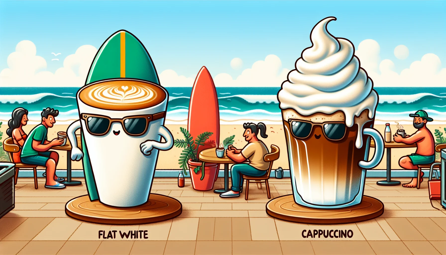 Illustrate a humorous scenario that highlights the comparison between a flat white coffee and a cappuccino. Maybe it's a cartoonish illustrative representation where the two coffees are personified. Envision a flat white and a cappuccino each with lively facial expressions and anthropomorphic attributes. The flat white wearing shades showing its smooth and balanced nature, standing near a surfing board, vibe surfing waves of milk. On the other hand, the cappuccino, frothy and thick, could be humorously attempting to balance a tower of whipped cream on its head. The background setting could be a bustling café or a beach scene. Aim for a feel-good image that invites the viewer to appreciate and enjoy these beverages.